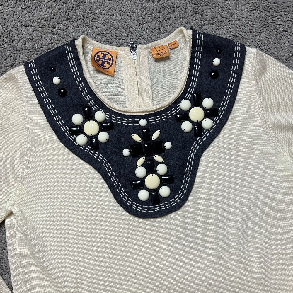 Womens Tory Burch‎ Embellished Long Sleeve Sweater size Large 100% Merino Wool